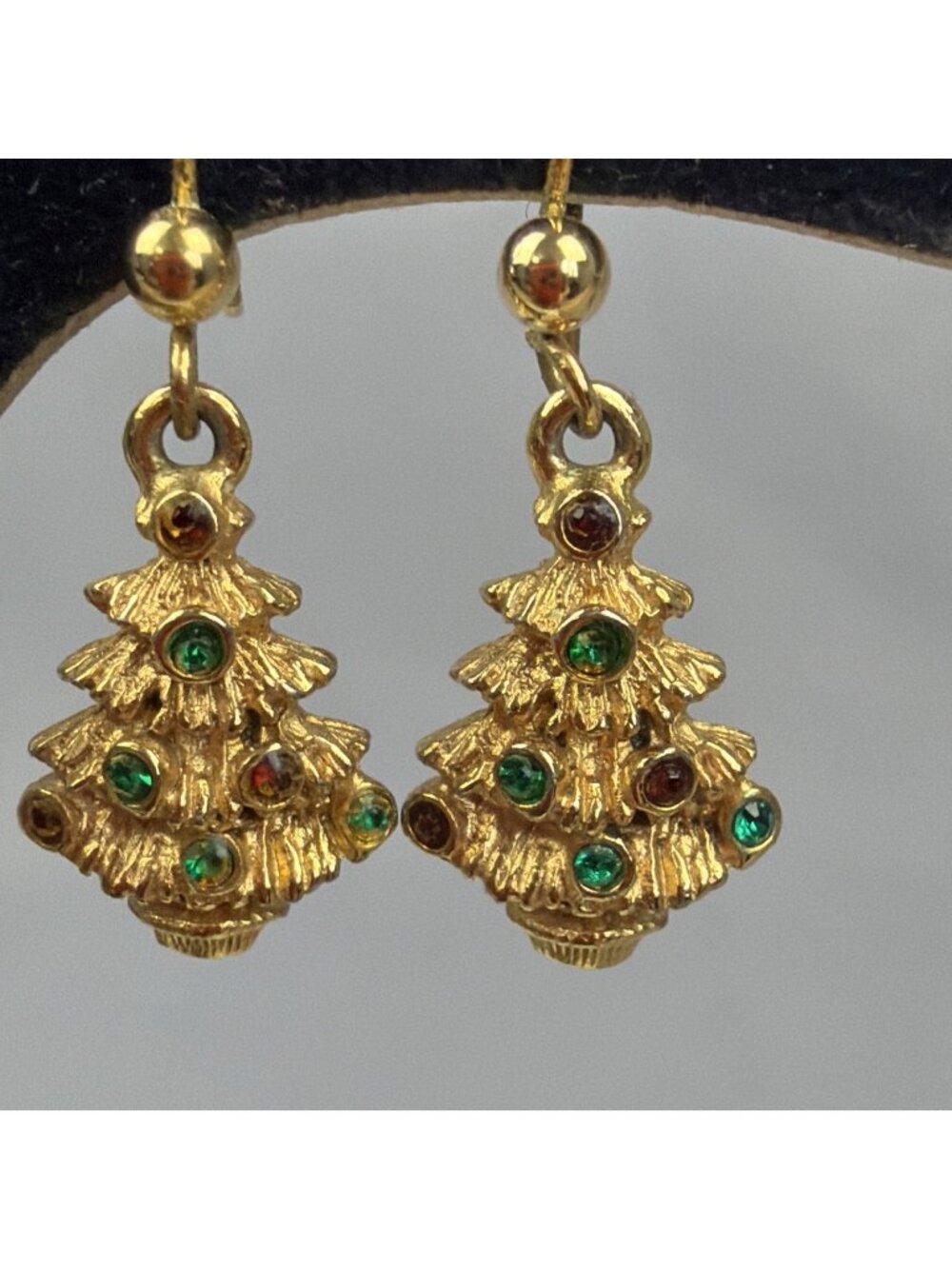 Vintage Christmas Tree Dangle Earrings Gold Tone Rhinestone Miniature Holiday